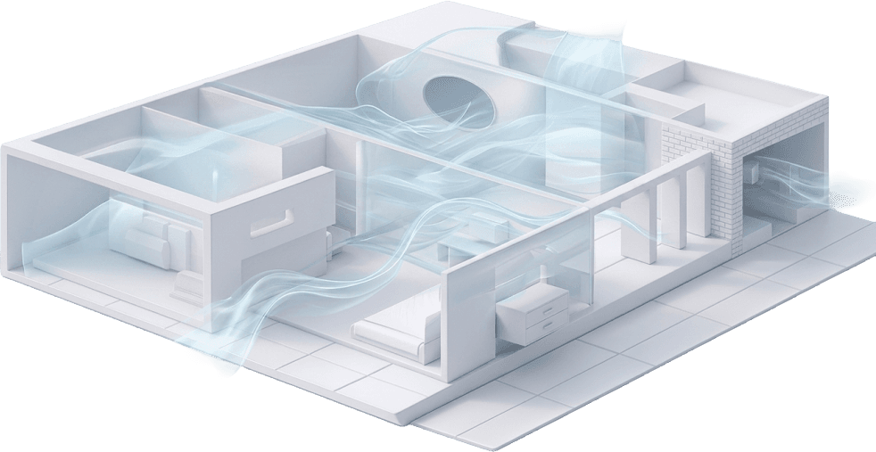AERIS 통합 공기환경 솔루션이 설치된 실내 아이소메트릭 일러스트